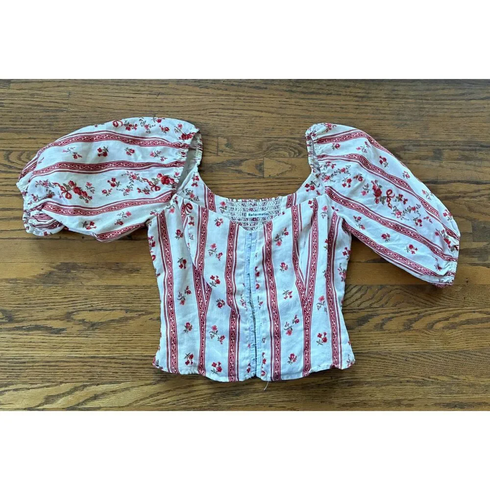 Reformation White Red Floral Square Neck Linen Peasant Corset Top Women's Size 0